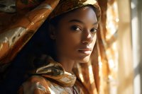 Young African American woman with natural makeup wearing golden fabric headwrap gazes confidently toward window light in atmospheric portrait composition.