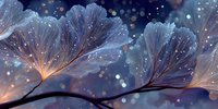 Delicate translucent flower petals with glowing edges against dark blue background, creating magical ethereal atmosphere with bokeh light effects.