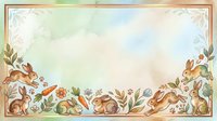 Watercolor autumn border frame with rabbits, leaves and flowers on pastel background for seasonal greeting cards and invitations.