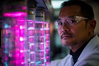Middle-aged Asian male scientist wearing glasses and white lab coat examining glowing pink neon laboratory equipment in modern research facility setting.
