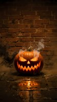 Carved jack-o-lantern pumpkin with glowing face and smoky fog effect against rustic brick wall background, perfect for autumn and holiday celebrations.