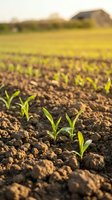 Young green corn seedlings emerging from rich brown soil in agricultural field with farm building and golden sunset light creating warm farming atmosphere.