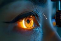 Extreme close-up of glowing amber human eye with detailed iris pattern in dramatic lighting, medical examination with ophthalmoscope creating blue reflections.