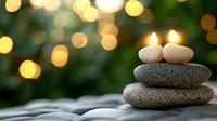 Zen stones stack with glowing candles on top against blurred golden bokeh lights and green nature background creating peaceful spa atmosphere.