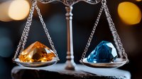 Contrasting orange and blue gemstones balanced on silver scales against blurred bokeh background, symbolizing harmony, choice, and equilibrium in decision making.