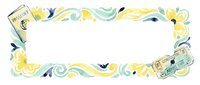Decorative frame with yellow flowers, vintage travel stamps and botanical elements on white background, isolated for design use.