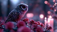 Mystical owl perched among glittering roses and candlelight in pink and purple twilight atmosphere, covered in sparkling dewdrops creating magical forest ambiance.