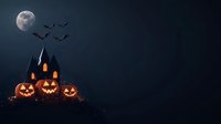 Spooky Halloween scene with glowing jack o'lanterns near gothic castle silhouette against full moon sky and flying bats, creating mysterious holiday atmosphere.