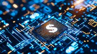 Dollar sign on computer processor chip with blue circuit board background, glowing electronic components and digital technology elements for financial technology concept.