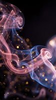 Ethereal smoke swirls with golden bokeh lights creating mystical atmosphere on dark background for luxury design projects and magical concepts.