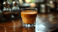 Creamy espresso shot in small glass on dark wooden surface with soft natural lighting and blurred cafe background creates cozy coffee atmosphere.