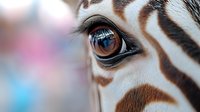 Zebra eye with striking blue iris and detailed striping pattern, close-up wildlife portrait for nature and animal design projects.
