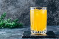 Fresh orange juice with ice cubes in crystal glass on black stone board against dark background with pine branch decoration for menu design.