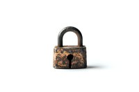 Rustic antique padlock with weathered copper patina and dark metal finish on white background, showing vintage keyhole detail and textured surface.