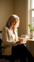 Senior woman with long gray hair, Caucasian ethnicity, wearing beige blazer and white top, writing in notebook at desk by window with books and plant, natural daylight, professional office setting.