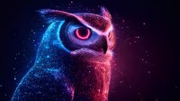 Mystical owl portrait with glowing neon effect in pink and blue colors against dark background, particle effects create ethereal cosmic atmosphere. Suitable for modern art prints.