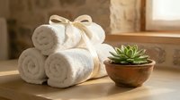 Spa wellness setup with rolled white towels tied with ribbon and succulent plant in wooden bowl on natural surface for relaxation and self-care rituals.