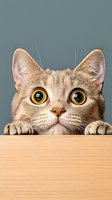 Curious cat with big yellow eyes peeking over wooden surface against gray background, showing only head and paws in playful, sneaky pose.