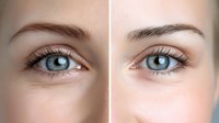 Close-up comparison of female eyes with and without makeup showing dramatic difference in eyelash appearance and eye enhancement for beauty and cosmetic demonstration.