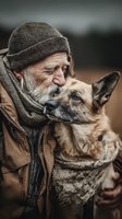 Elderly man with white beard wearing knit hat embracing German Shepherd dog outdoors showing unconditional love and companionship between human and pet.