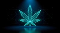 Digital cannabis leaf with glowing cyan wireframe design on dark background. Futuristic marijuana symbol with network connections and light effects.