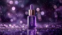 Purple glass dropper bottle with serum on sparkling glitter background with bokeh lights and reflection, luxury cosmetic product photography in violet tones.