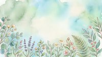 Soft watercolor botanical background with green leaves, wildflowers, and ferns on a pastel sky texture, perfect for cards and invitations.