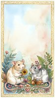Watercolor card with two cute mice among flowers, one holding a sunflower, one with an acorn, gold border, copy space for text.