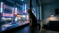Cat sitting on windowsill gazing at neon-lit urban street with ramen bar signs at night, cyberpunk cityscape view from apartment window.