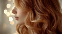 Profile view of young woman with flowing strawberry blonde wavy hair against soft bokeh background, showcasing elegant hairstyle for beauty salon advertising.