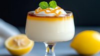 Creamy lemon mousse dessert topped with whipped cream, caramel sauce and fresh mint leaves in elegant glass, dark background with citrus fruit garnish.