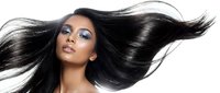Young woman with long flowing black hair and South Asian ethnicity, wearing blue eyeshadow, against white background for hair care and beauty product advertising.