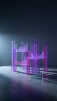 Futuristic holographic data visualization with glowing purple and pink bar charts displaying analytics and business intelligence metrics.