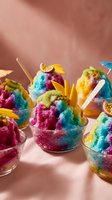 Colorful shaved ice desserts with vibrant rainbow layers in glass bowls, topped with fresh kiwi and passion fruit slices, wooden spoons, and gold leaf accents on pink background.