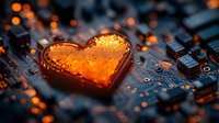 Glowing orange heart shape on computer circuit board with bokeh lights, combining technology and romance concept for valentines or love themes.