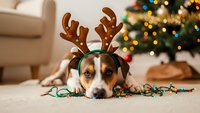 Adorable mixed breed dog wearing reindeer antlers headband lying on carpet with Christmas lights near decorated tree in cozy living room during holidays.