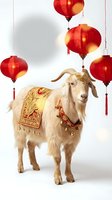 Festive goat wearing ornate golden ceremonial costume with red lanterns for lunar new year celebration and traditional holiday decorations.