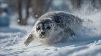 Spotted seal pup shaking off snow in winter arctic landscape with flying snowflakes and blurred forest background creating dynamic wildlife scene.