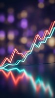 Glowing neon financial charts showing upward growth trends with colorful bokeh lights background for business analytics and market data visualization.