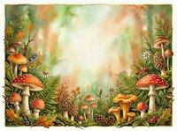 Enchanted forest floor with red and golden mushrooms, ferns, and woodland plants surrounding a luminous central clearing, ideal for fantasy backgrounds, children's book illustrations, and nature-themed designs.