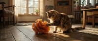 Fluffy tabby cat playing with an orange toy on a sunlit wooden floor in a cozy rustic living room, warm golden light streaming through windows.