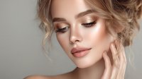 Young blonde woman with natural makeup, glowing skin and elegant hairstyle touching face gently against light gray background. Professional beauty portrait.
