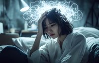Young Asian woman with glowing light patterns around her head sits contemplatively on bed, creating ethereal mood in dark bedroom setting.