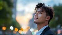 Young Asian businessman in suit looking up with hope and determination against blurred city lights background during golden hour for success and ambition concepts.
