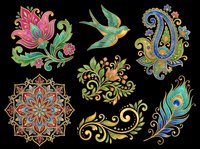 Colorful ethnic floral clipart set with mandala, paisley, swallow, peacock feather, and flowers, isolated on transparent background, ready for t-shirts, stickers, and print on demand.