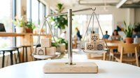 Wooden balance scale with cardboard boxes and house icons representing property investment decisions in modern office workspace.
