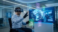 Professional man using virtual reality headset interacting with holographic global network interface displaying connected world map and digital icons in modern office.