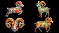 Colorful decorative goats and rams with ornate patterns, isolated on transparent background. Ready for t-shirt design, clipart, stickers, sublimation, and print-on-demand products.