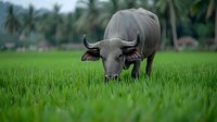 Asian water buffalo grazing in lush green rice paddy field with palm trees in background, close-up view showing distinctive horns and facial features.