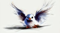 Adorable cartoon puffin with spread wings in dynamic flying pose, colorful feathers and orange beak, isolated on white background for design projects.